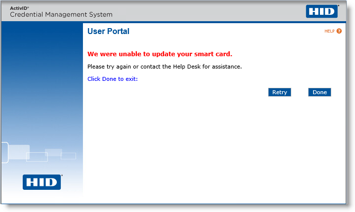 User portal page displaying warning the issuance has failed, with two buttons available at the bottom of the screen: Retry and Done